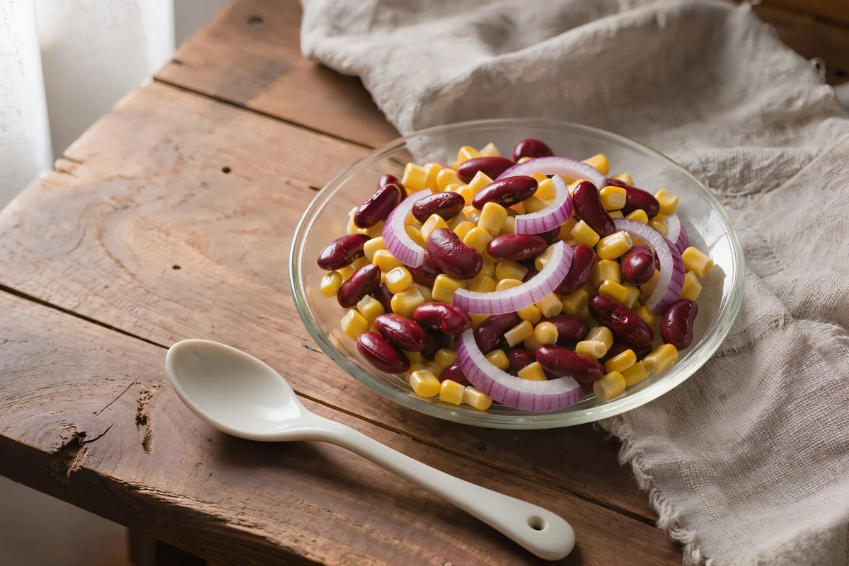 Bohnen-Mais-Salat mit Zwiebeln in einer Schüssel