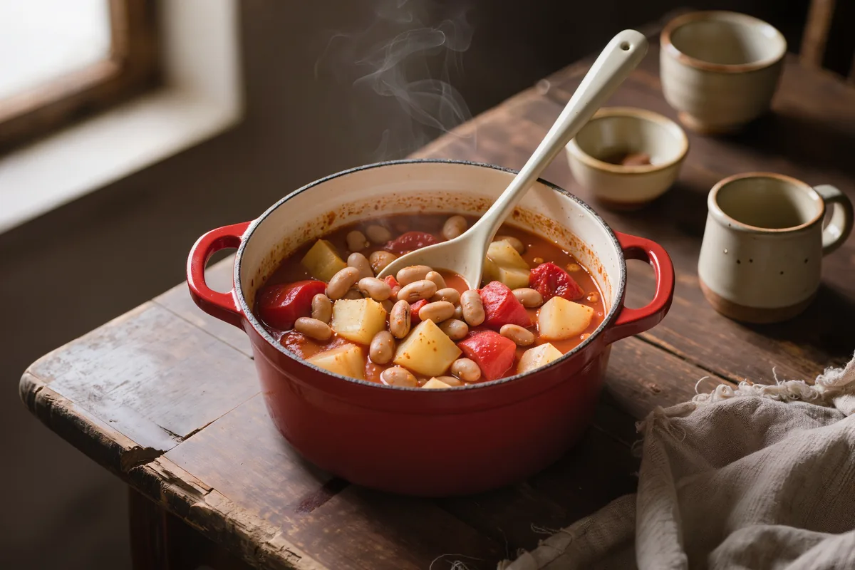 Bohnen-Tomaten-Eintopf mit Kartoffelwürfeln in einem Topf