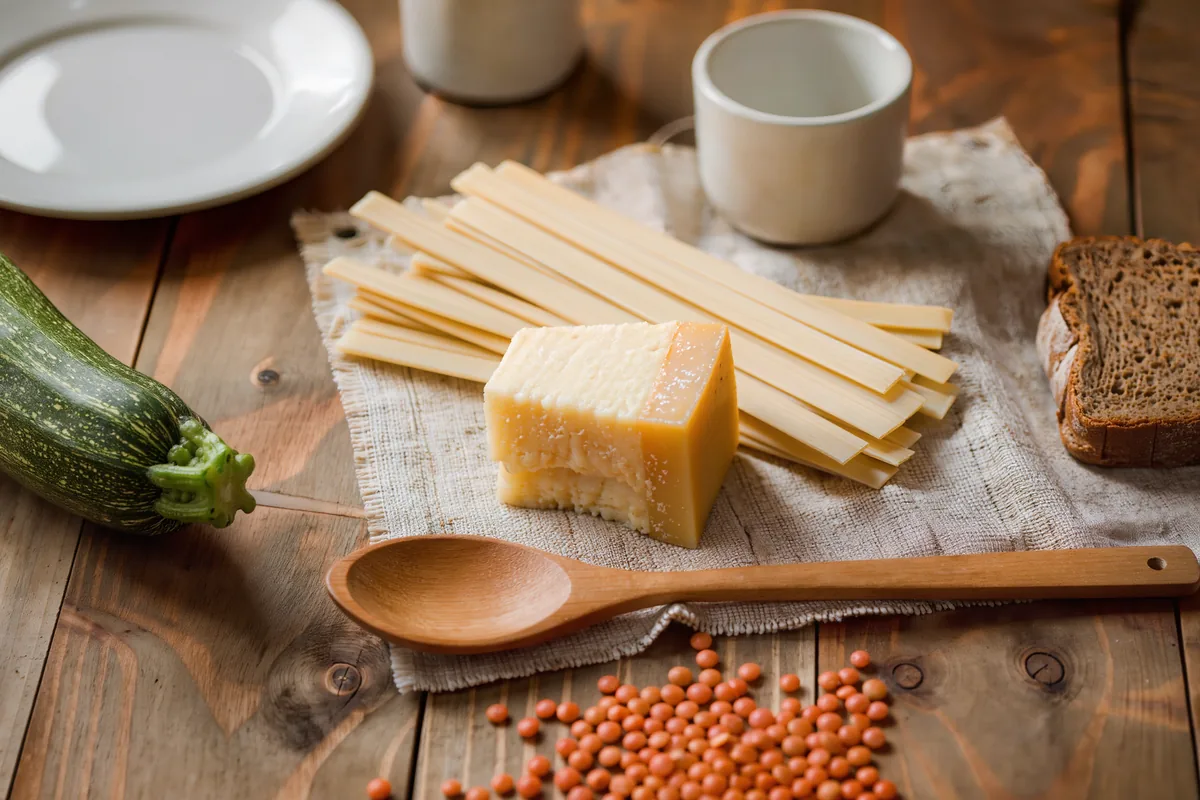 Günstige Zutaten für Netto-Rezepte: Nudeln, Käse, Zucchini und Linsen auf einem Tisch