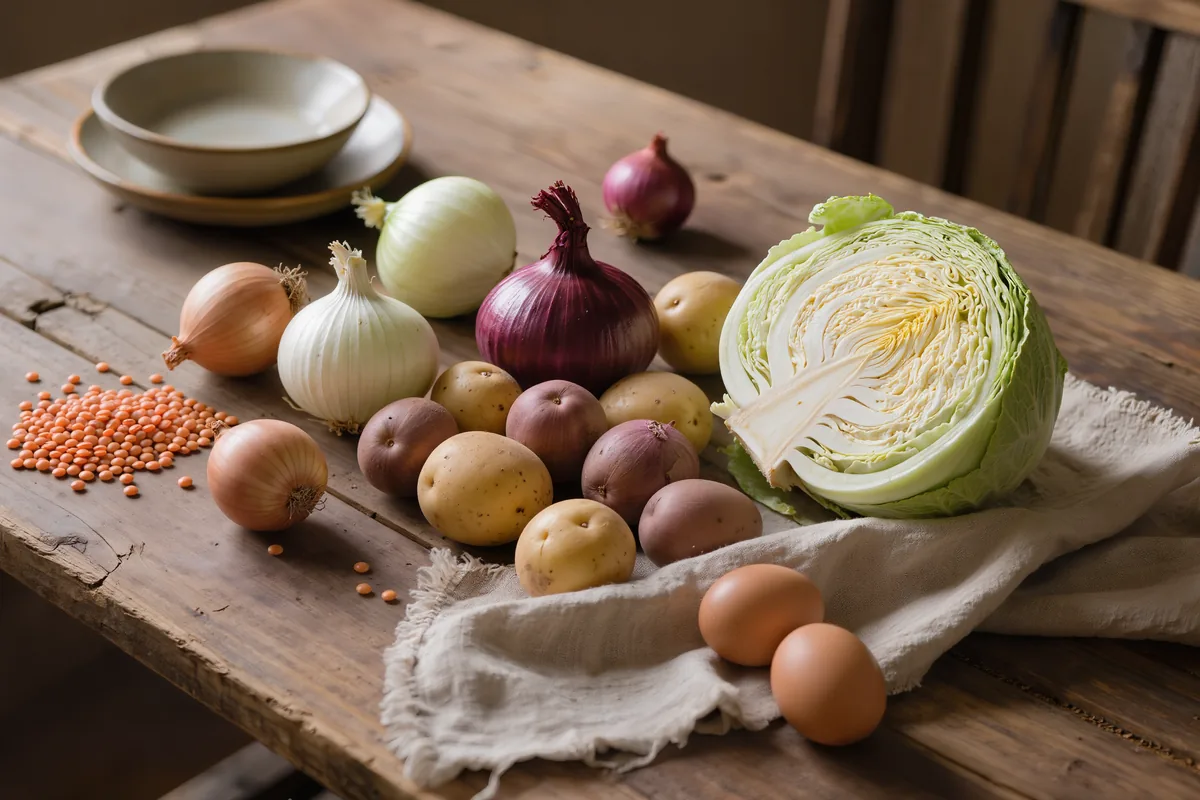 Günstige Zutaten für Penny-Rezepte: Kartoffeln, Zwiebeln, Kohl und Linsen auf einem Tisch
