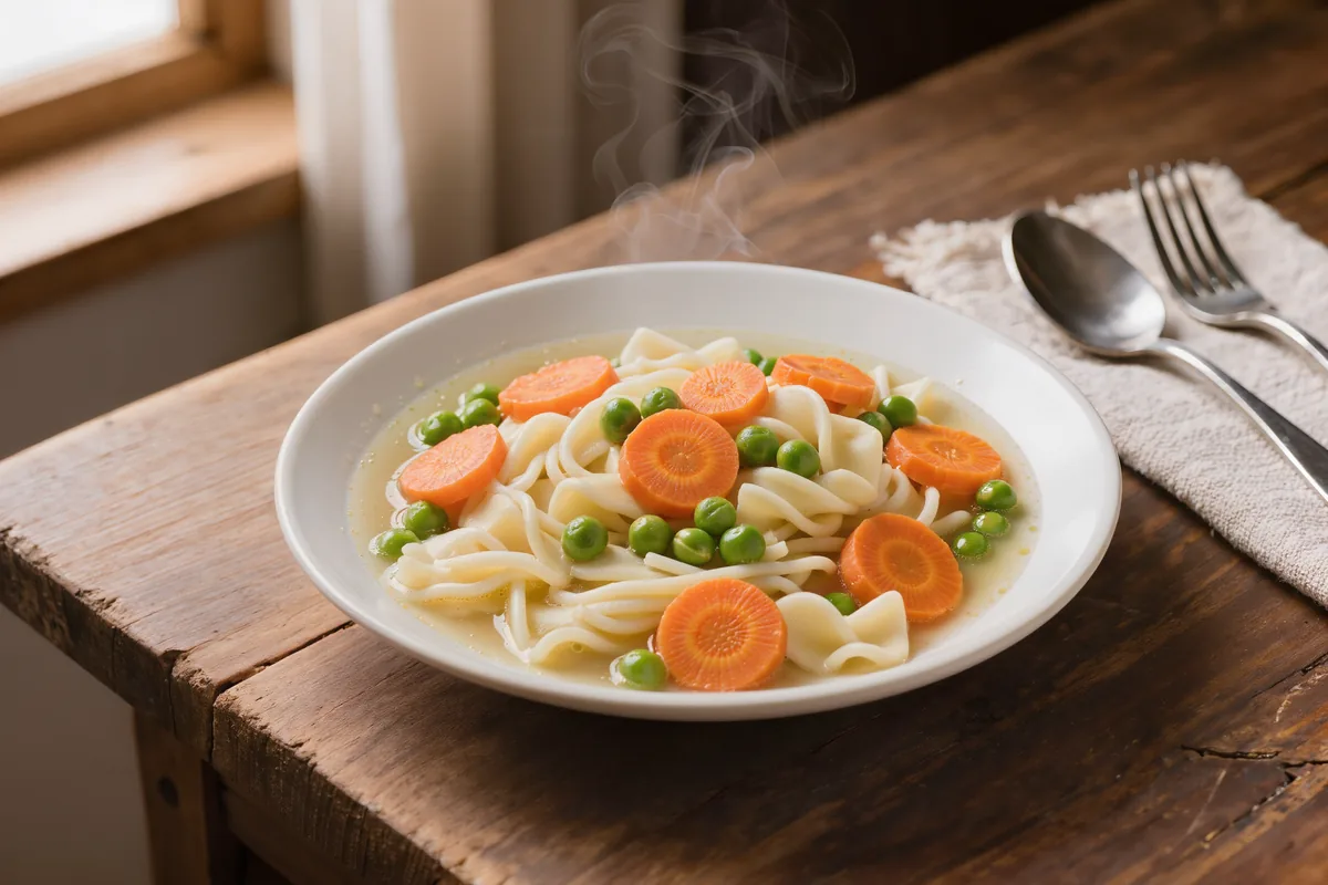 Gemüsesuppe mit Nudeln, Möhren und Erbsen in einer Schüssel