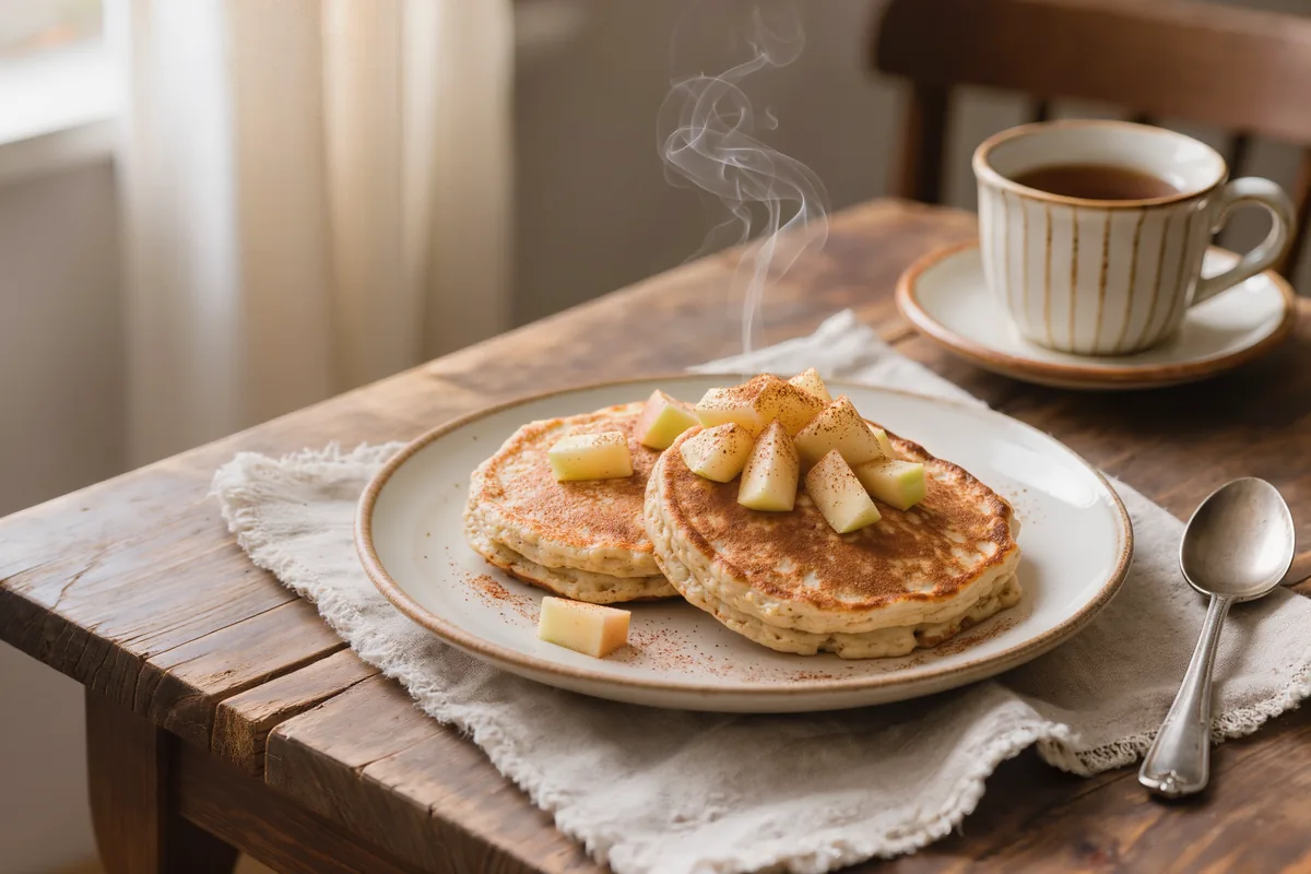 Haferpfannkuchen mit Apfelstücken auf einem Teller