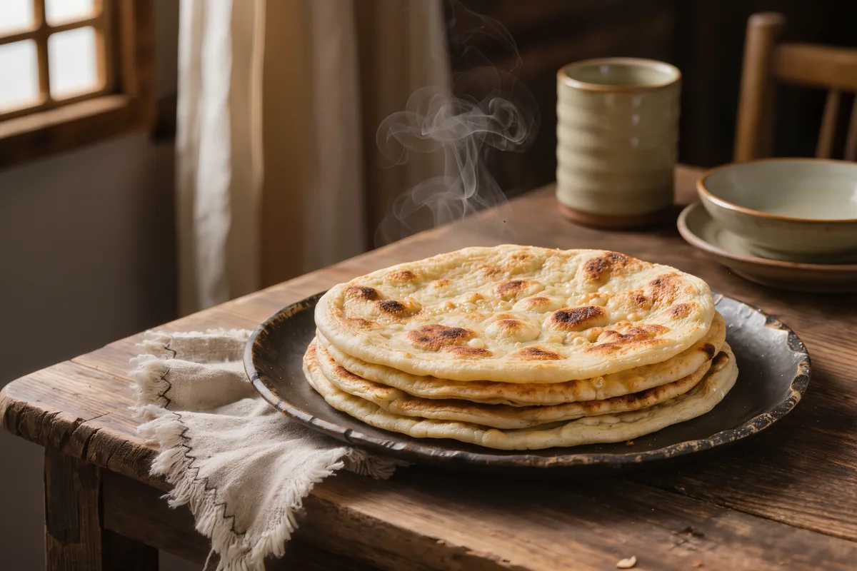 Frisch gebackene Joghurt-Fladenbrote in der Pfanne