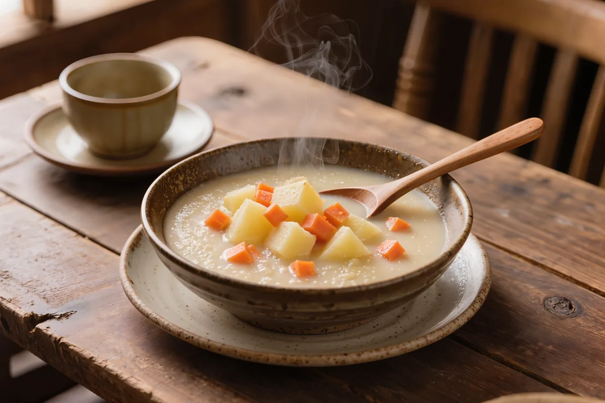 Cremige Kartoffelsuppe mit Möhrenstückchen in einer tiefen Schale