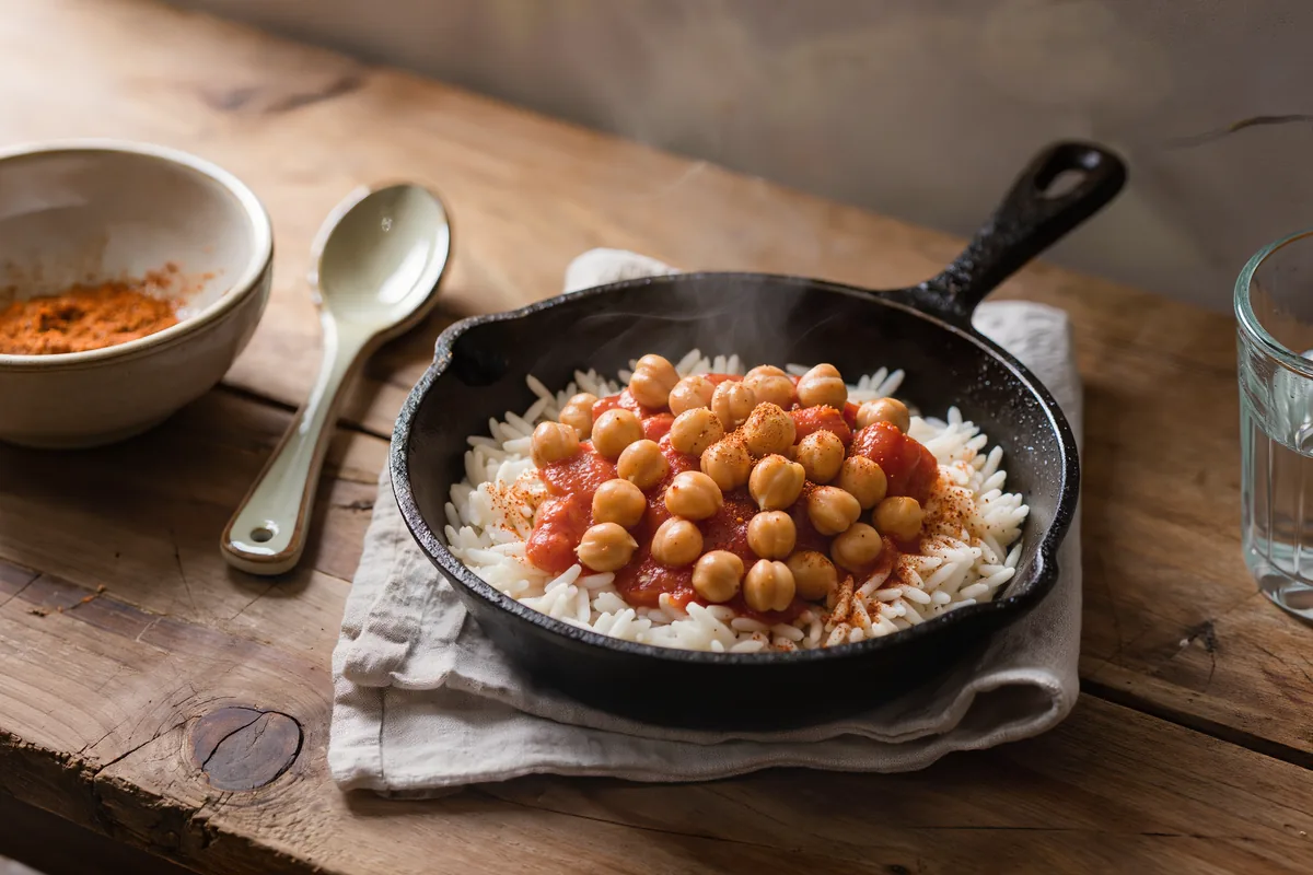 Kichererbsen-Tomaten-Pfanne mit Reis in einer Pfanne