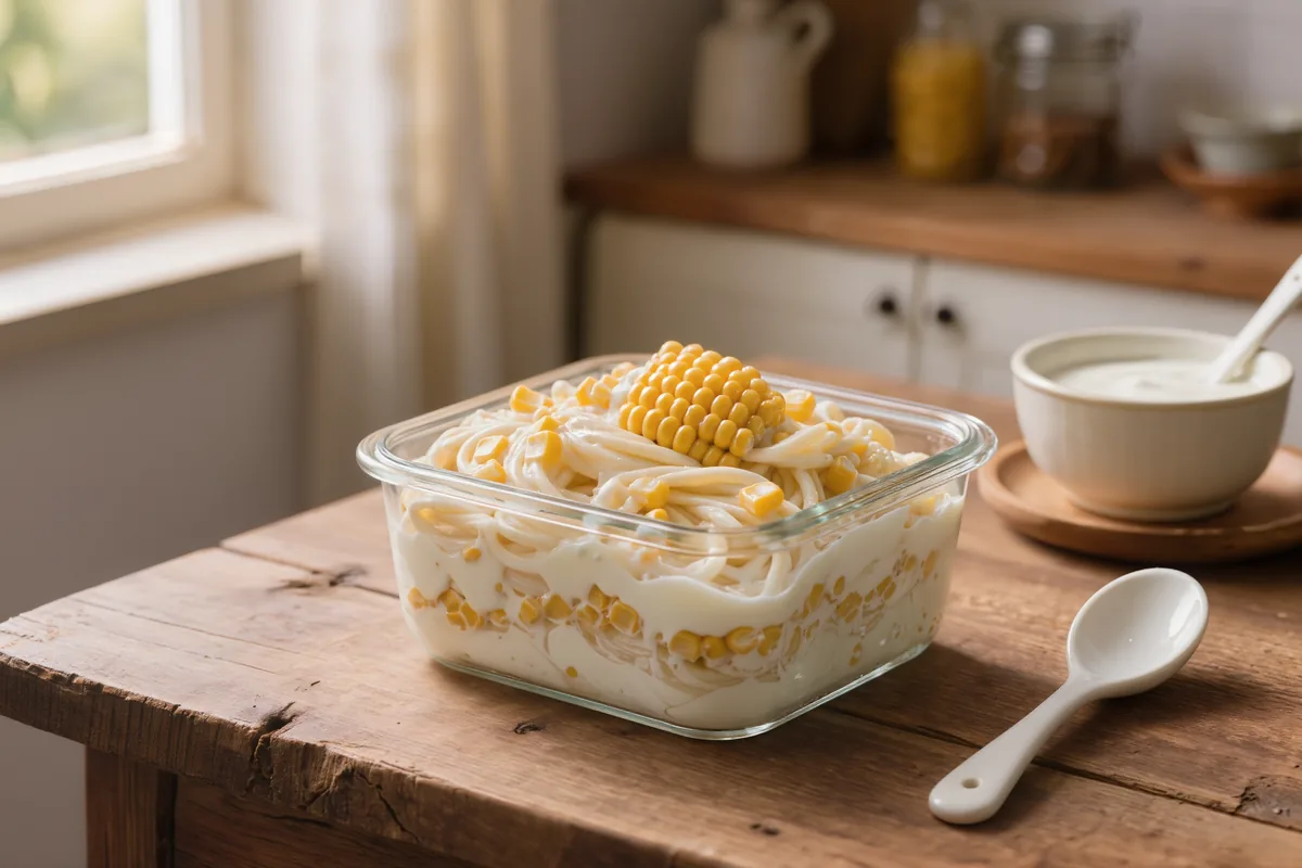 Nudelsalat mit Mais und Joghurtdressing in einer Schale