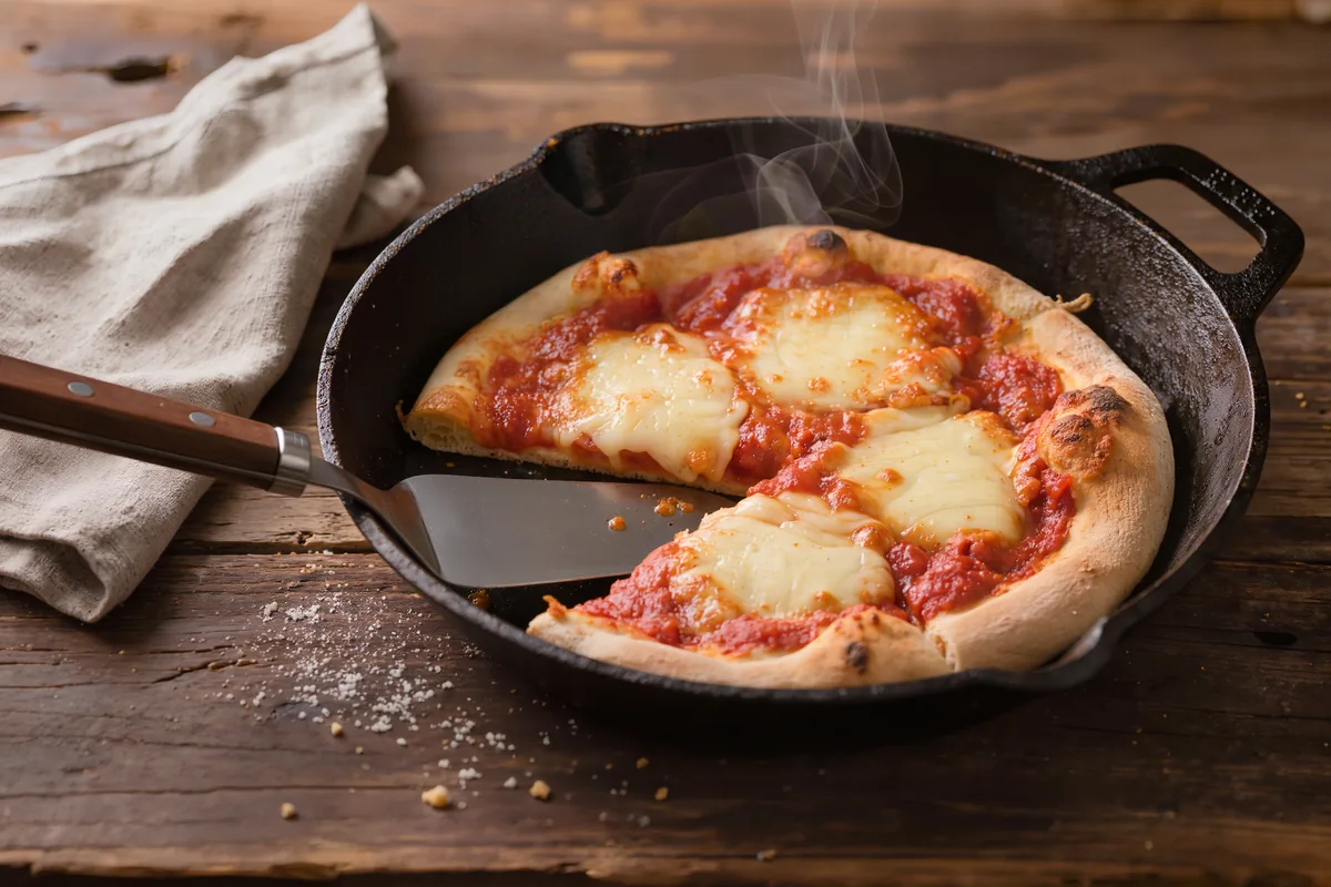 Pfannenpizza mit Tomatensauce und Käse