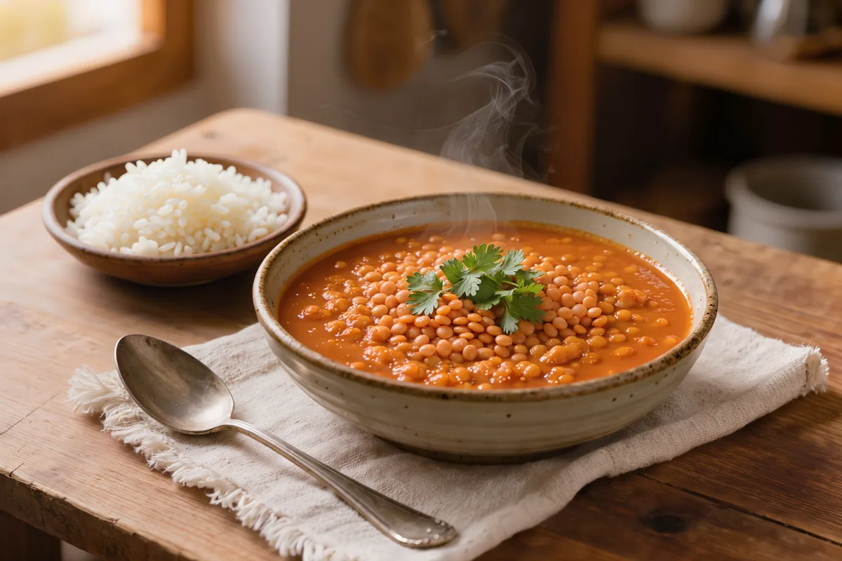 Rotes Linsen-Dal in einer Schale mit Reis daneben