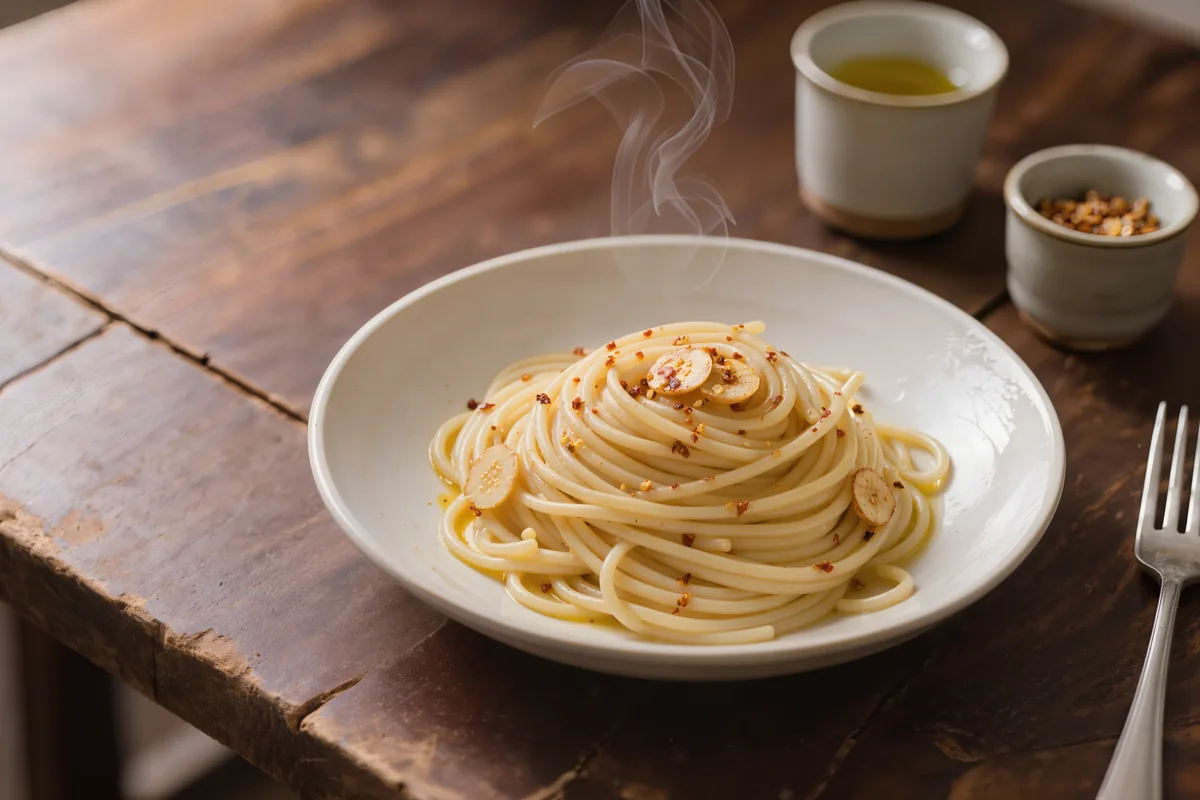 Spaghetti Aglio e Olio mit Knoblauch und Chili in einer weißen Schale
