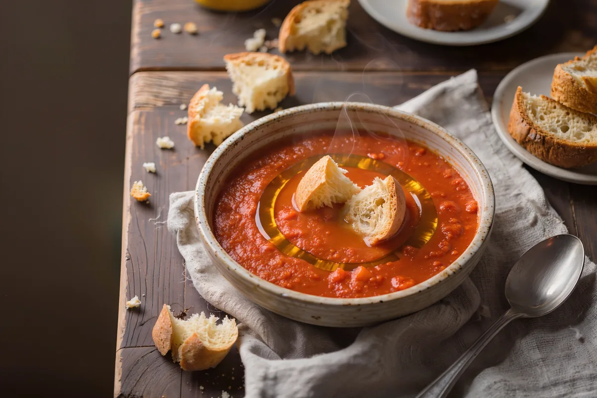 Tomaten-Brotsuppe in einer Schale mit Brotstückchen
