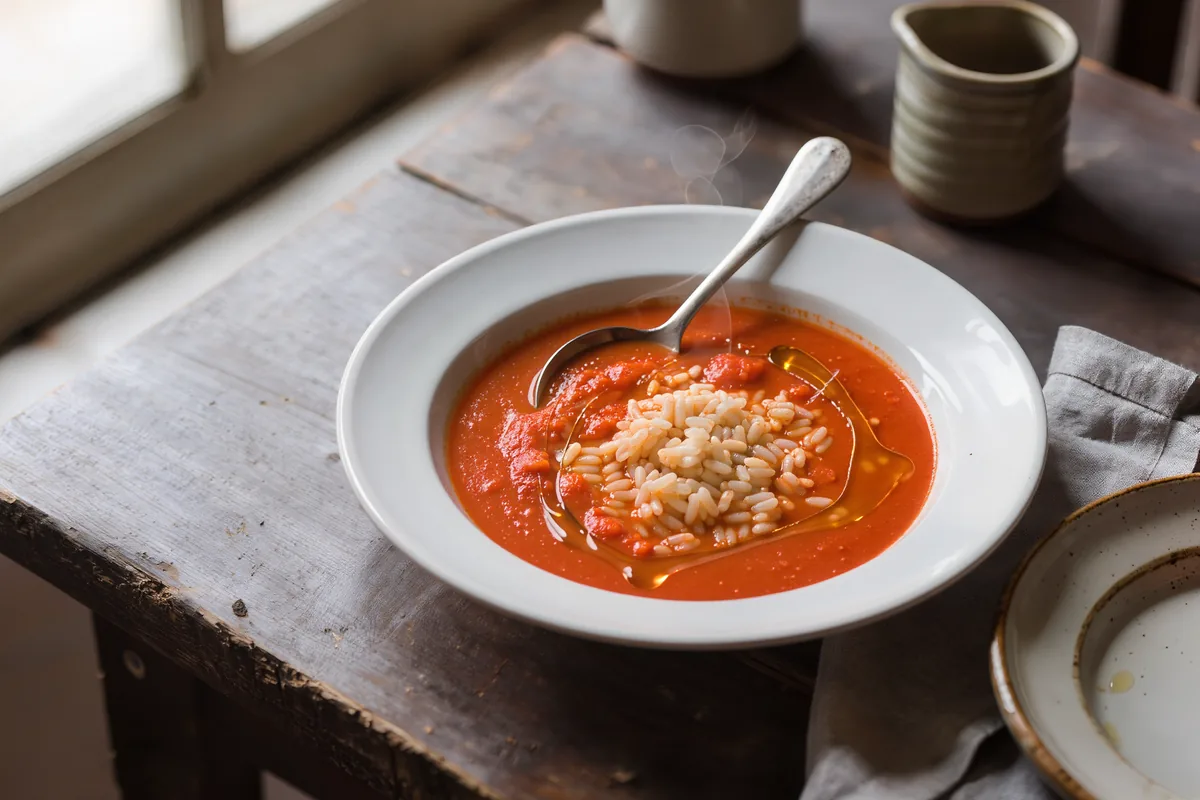 Tomatensuppe mit Reis in einer tiefen Schale