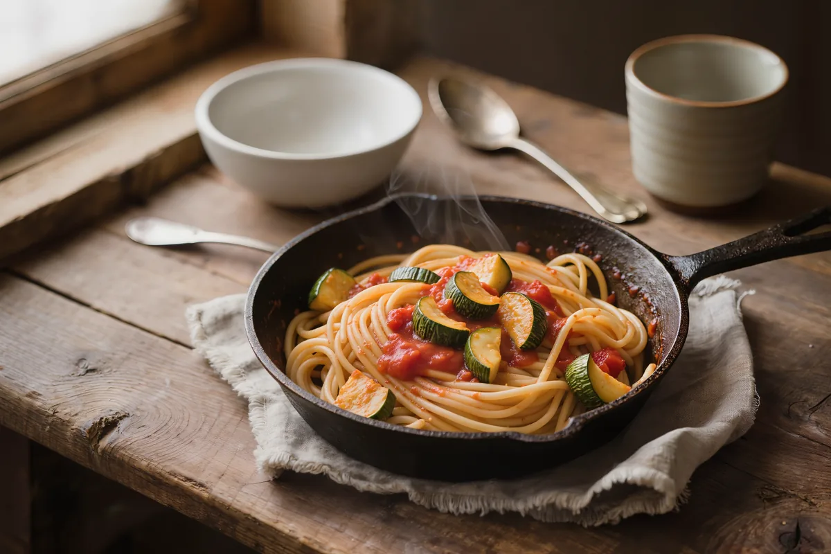 Nudelpfanne mit Zucchiniwürfeln und Tomatensauce