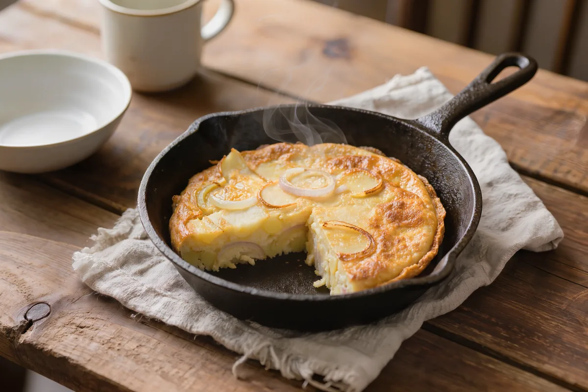 Kartoffel-Frittata mit Zwiebeln in einer Pfanne, in Stücke geschnitten