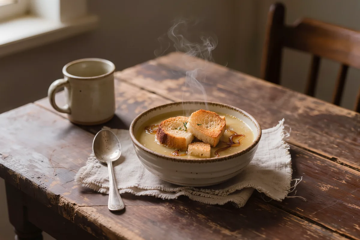 Zwiebelsuppe in einer Schale mit knusprigen Brotwürfeln